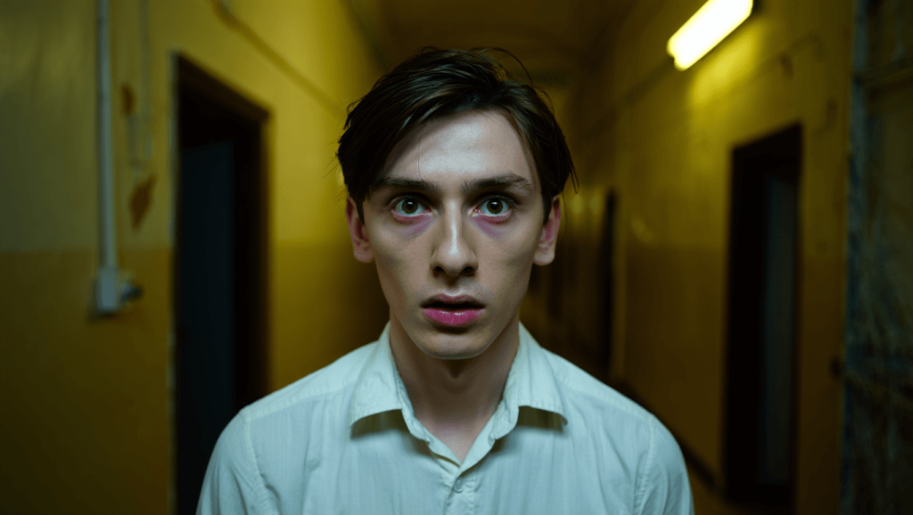 Quand voir en salles la version longue de Backrooms d’A24 avec plus de 15 minutes inédites ? Renate Reinsve in Backrooms, standing in front of houses with a sickly yellow background behind them