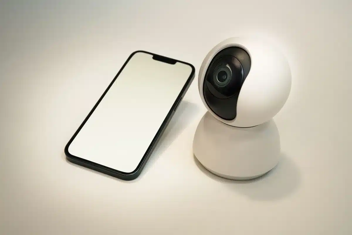 Écran de smartphone affichant le flux vidéo en direct d'une sonnette connectée 2K