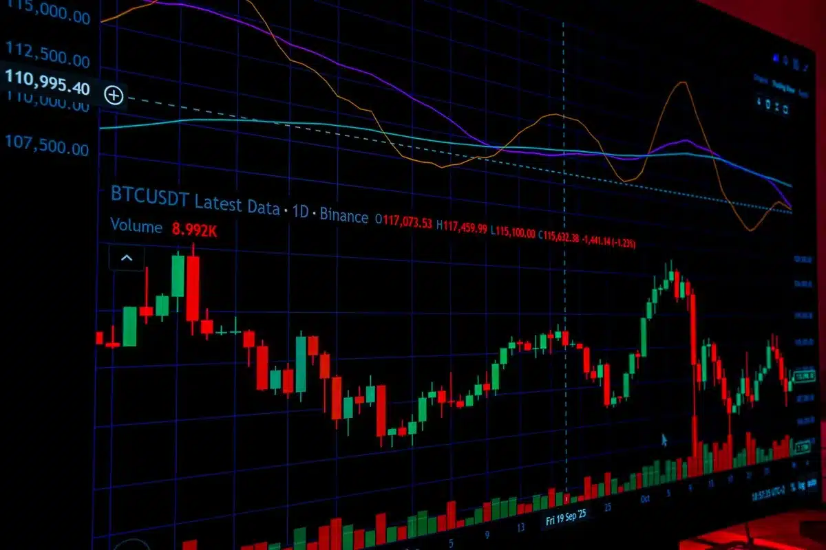 Graphiques de marché crypto montrant une hausse rapide des prix avec des volumes de trading en augmentation