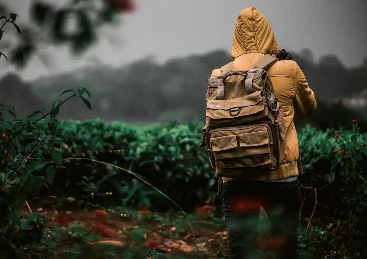 Appareil photo compact rangé dans un sac à dos de voyage