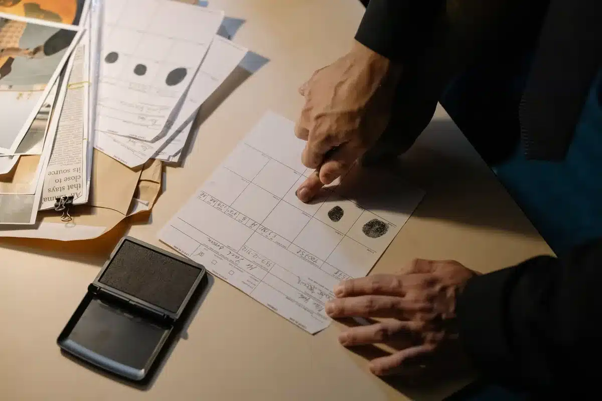 Enquêteur consultant des documents et rapports d'enquête sur son bureau