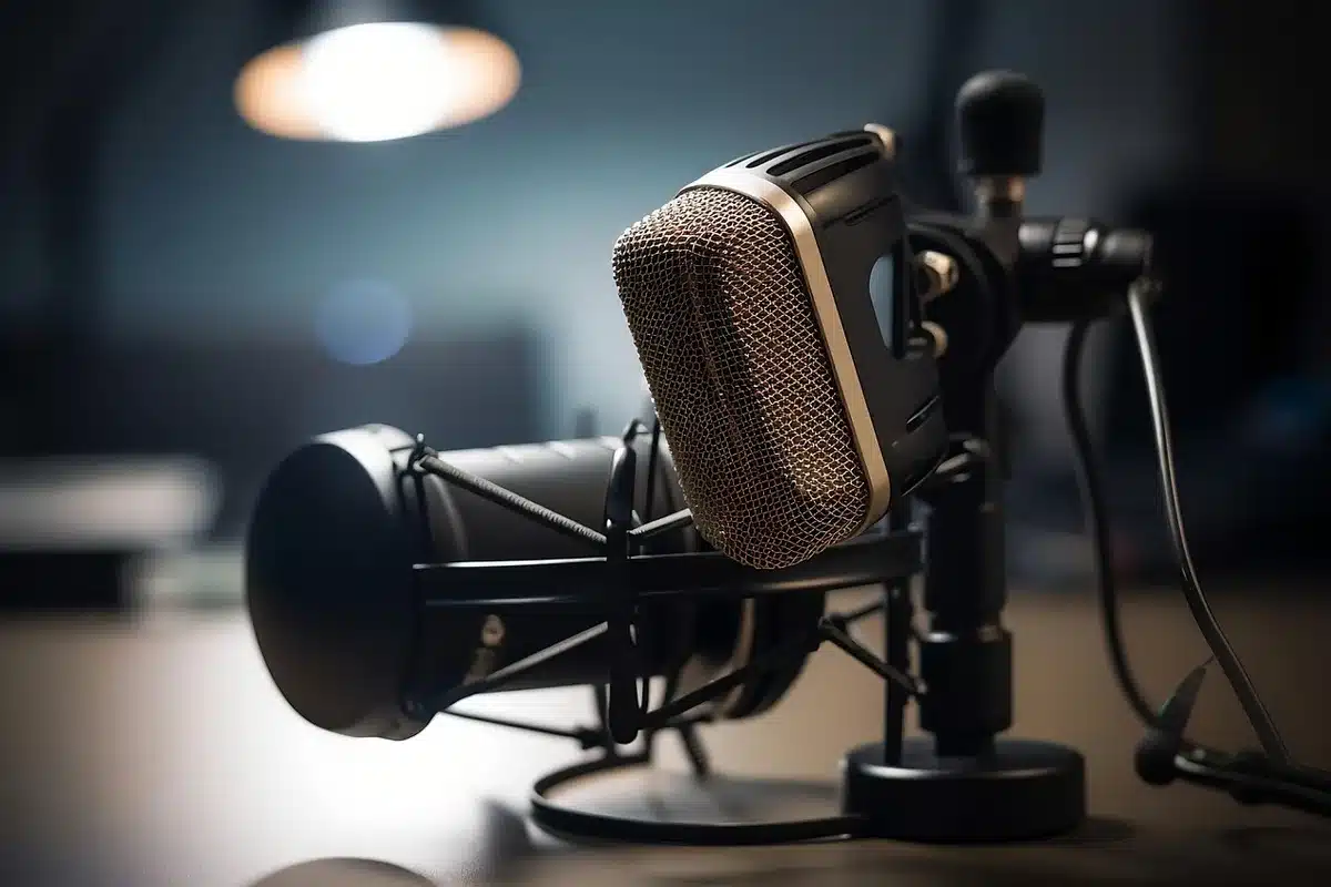 Microphone de studio et script évoquant l'enregistrement de voix pour l'anime