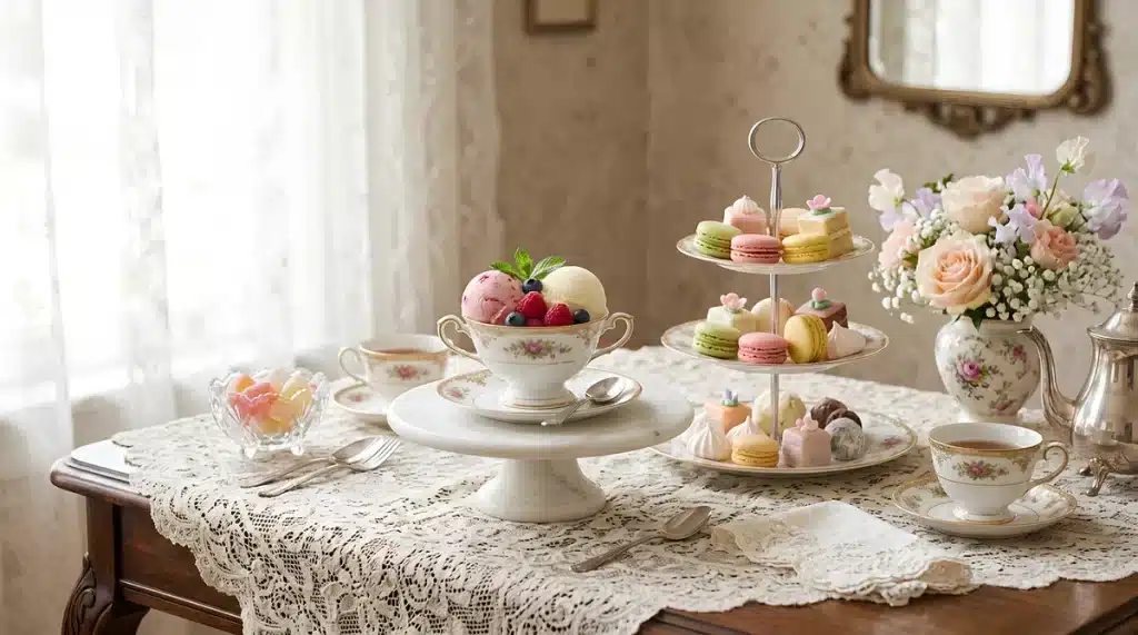 Manga le festin des sorcières mangeuses d’hommes s’achève : la fin divise les lecteurs Table de cuisine en plein jour avec un gâteau partiellement mangé et une tasse de thé